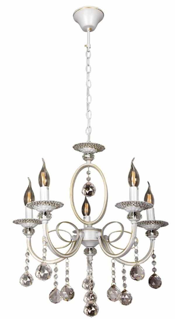 yrandol-wiszący-kryształowy-świecznikowy-pięciopunktowy-biało-złoty-W-6094-5 Lampa Kryształowa Żyrandol Kryształowy W-6094/5