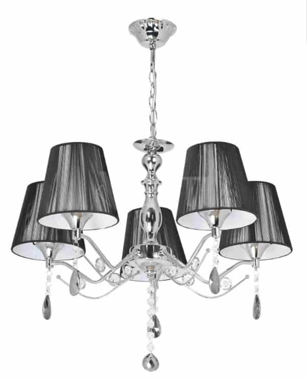 yrandol-wiszący-pięciopynktowy-czarne-abażury-konstrukcja-chrom-W-N-0936-5 Lampa Żyrandol W-N 0936/5 Chrom
